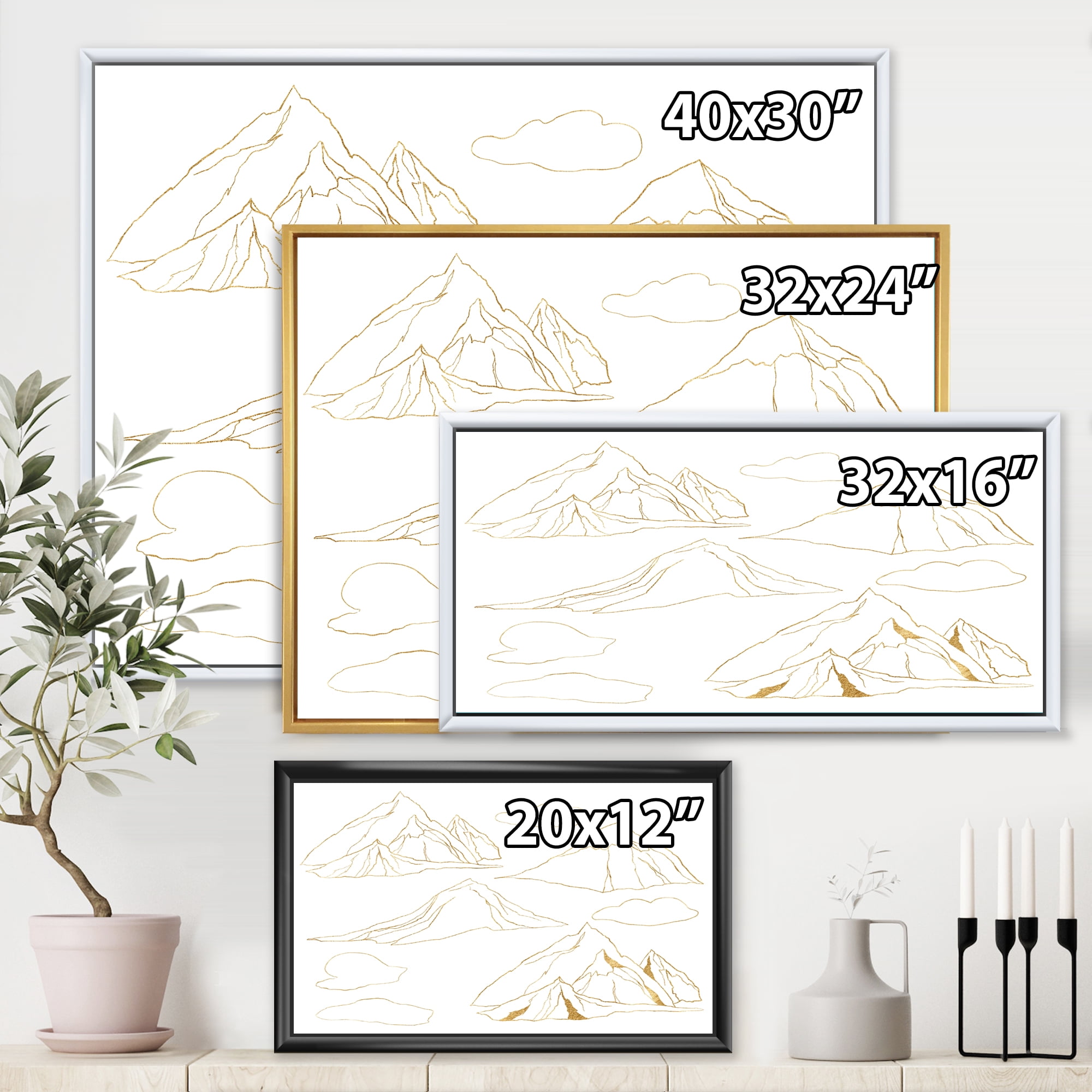 Minimalistic Gold Linear Set Of Clouds and Mountains 40 in x 30 in Framed Painting Canvas Art Print, by Designart