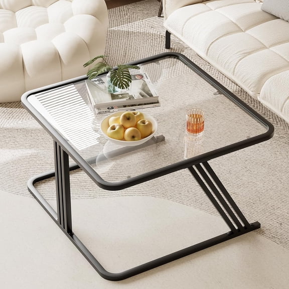 Coffee Table Glass, Minimalist Square Tables for Living Room, Modern Center Table, 26.4 x 26.4 x 15.7 Inches, Black