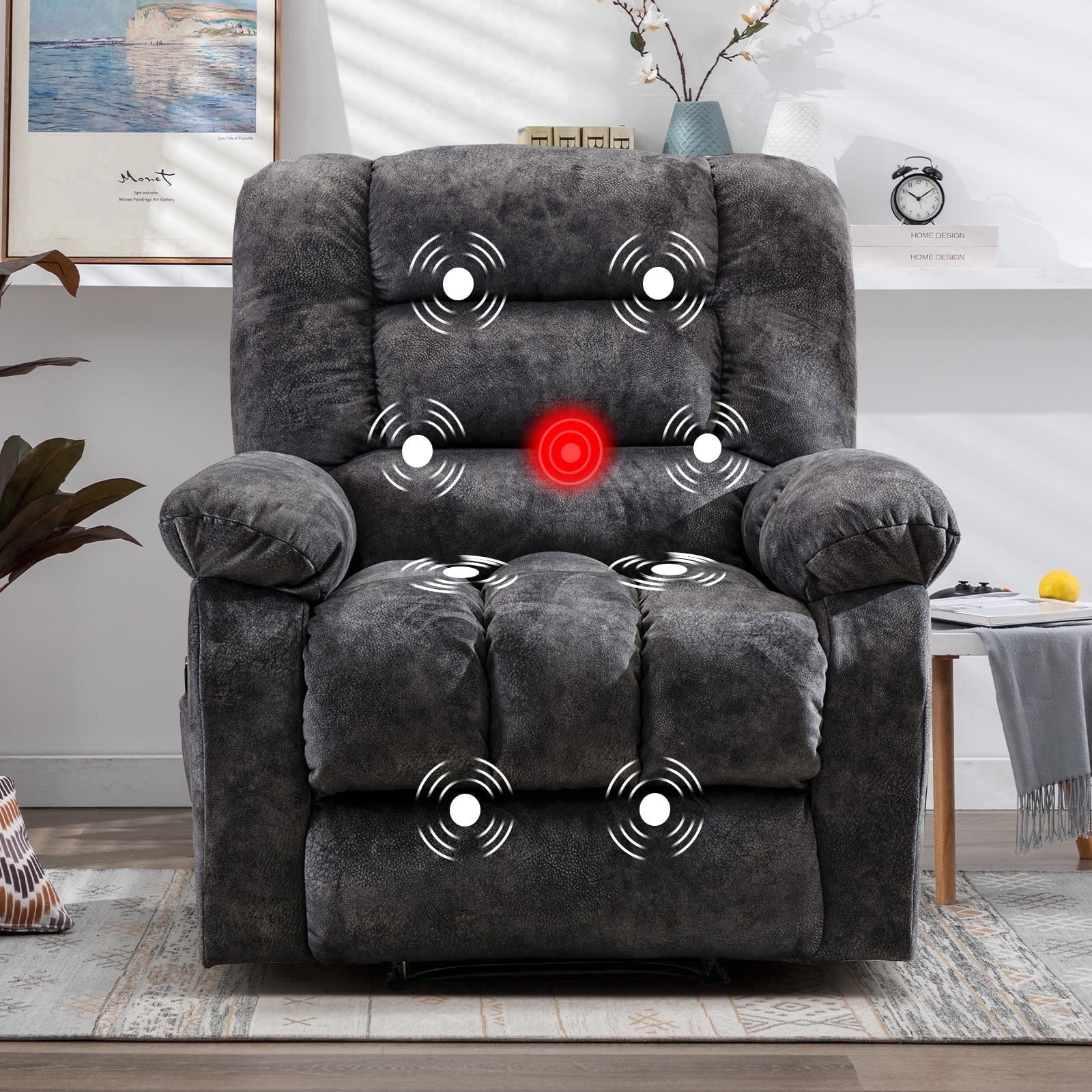 Ebello 36'' Massage Recliner Chair with Heat and Vibration – Soft Fabric Manual Reclining Chair for Living Room and Bedroom – Dark Gray