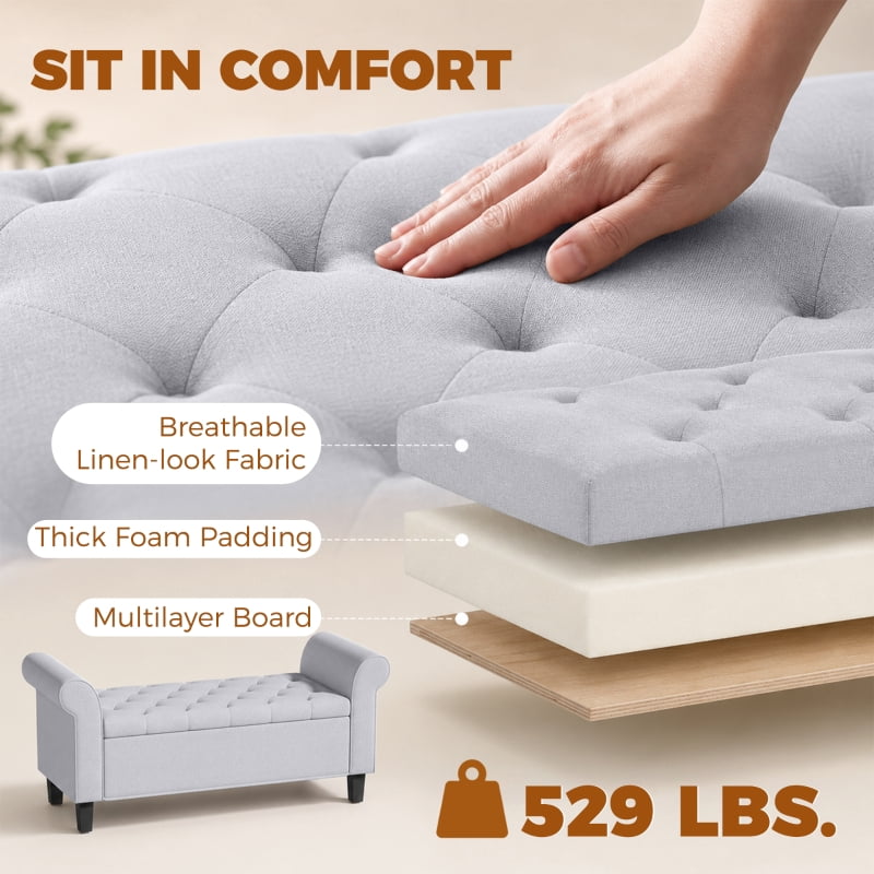 Alvantor Storage Bench with Tufted Seat & Rolled Arms for Bedroom 46.7"x18.5"x21.9" Light Gray