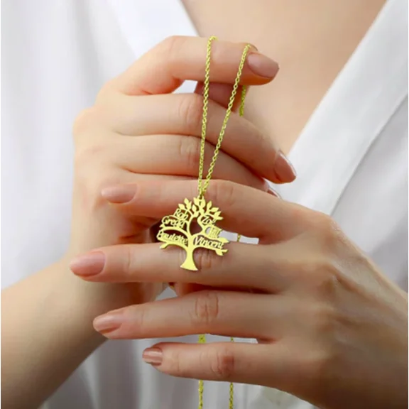 Custom Family Tree Of Life Name Necklace 14K Yellow Gold Nameplate Necklace Personalized Jewelry Mom Xmas Gift
