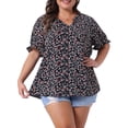 thumbnail image 1 of Blusas de verano casuales de mujer Agnes Orinda en talla grande, con estampado floral, cuello en V con volantes y mangas cortas abullonadas, 2X negro, 1 of 8