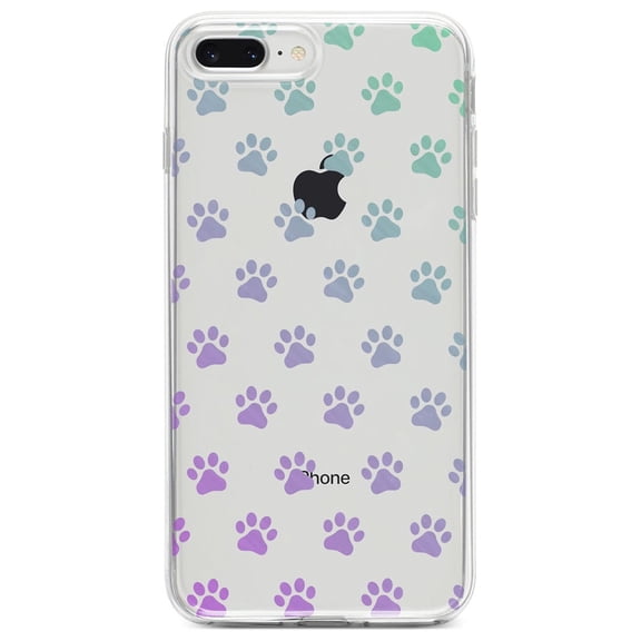 DistinctInk Clear Shockproof Hybrid Case for iPhone 7 PLUS / 8 PLUS (5.5" Screen) - TPU Bumper, Acrylic Back, Tempered Glass Screen Protector - Graident Pawprints - Purple to Green