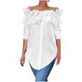 thumbnail image 3 of Scyoekwg Women Blouses Crew Neck Ruffle Off Shoulder Tops Trendy Loose Lightweight Fall Tops Solid Color Dressy Casual Blouses Long Sleeve T Shirts Women Blouses (White,S), 3 of 6