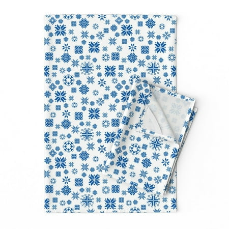 

Printed Tea Towel Linen Cotton Canvas - Christmas Snowflakes Delft Blue Winter Scandinavian Snow White Holiday Sticka Delfts Blauw Print Decorative Kitchen Towel by Spoonflower