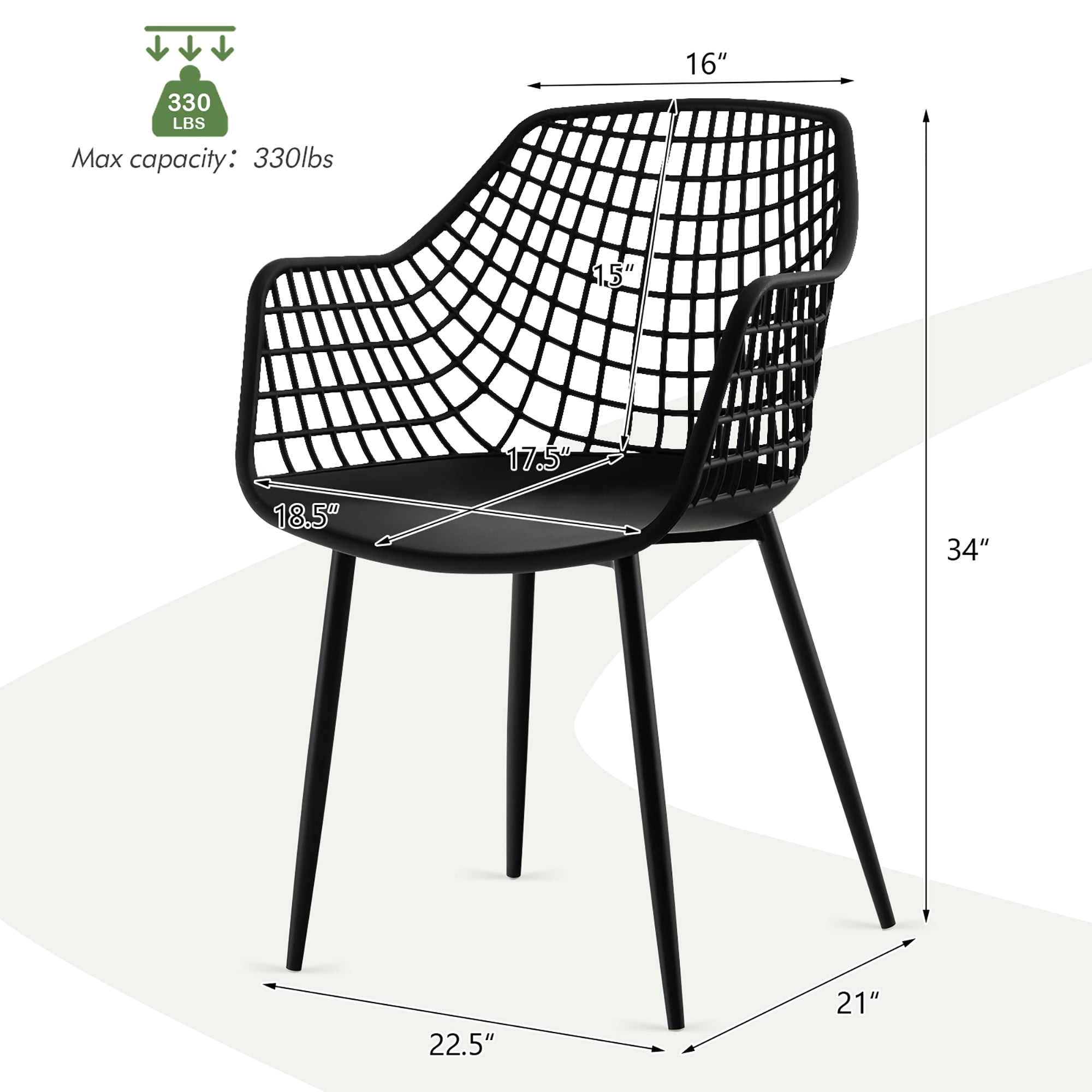 Costway Modern Dining Chair Set of 4 Plastic Shell Hollow withMetal Legs for Living Room Black