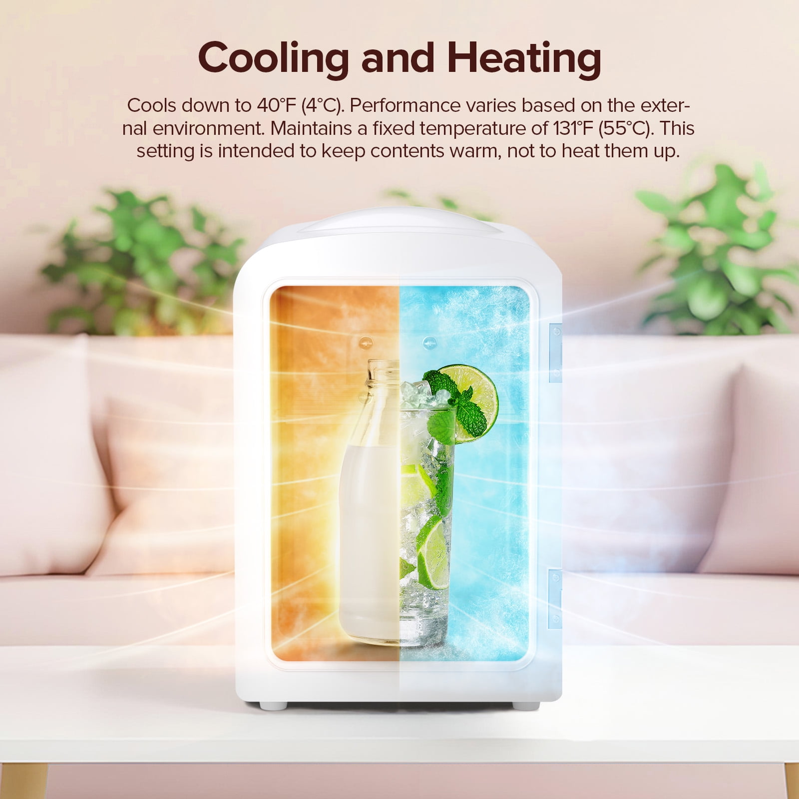 Auseo Mini Fridge, Portable Fridge Personal, 4 Liter/6 Cans Countertop, 120V AC/ 12V DC, Cooler and Warmer for Drink Office Dorm Bedroom Car, White