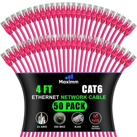 Maximm Cat 6 Ethernet Cable 4 Ft (50-Pack) - High-Speed LAN Internet Patch and Network Cord - UTP 10Gbps 550MHz - Pink