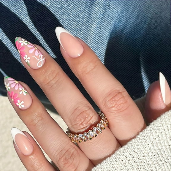 24pcs Short Almond Press On Nails with Colorful Flower Art Acrylic Stick on Nails For Women And Girls Office Wear Nails