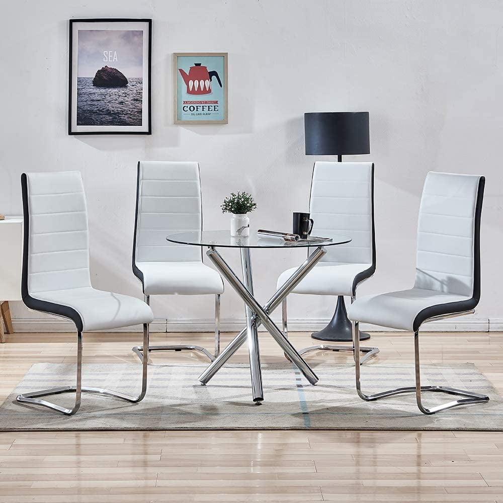 Modern Round Dining Table Set, Clear Tempered Glass Top Table and Faux