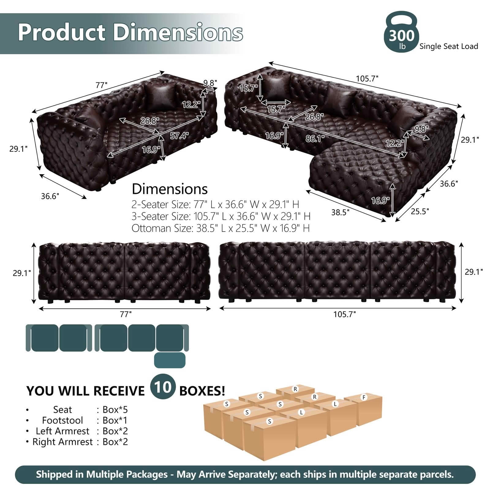MAYEERTY 5‑Seat Faux‑Leather Modular Sofa Set, Handcrafted Button Tufted Couch with Ottoman & 5 Pillows for Living Room & Small Apartment