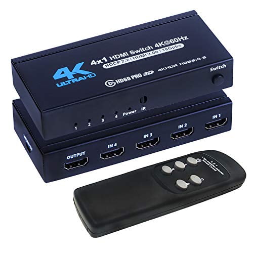 4K HDMI Switch 4x1, 4K@60Hz 4 in 1 Out HDMI Switcher Selector with IR Remote Control, 2.2 4K@60Hz UltraHD HDR10 3D HD1080P DST, HDMI Splitter for PS4 Xbox Apple