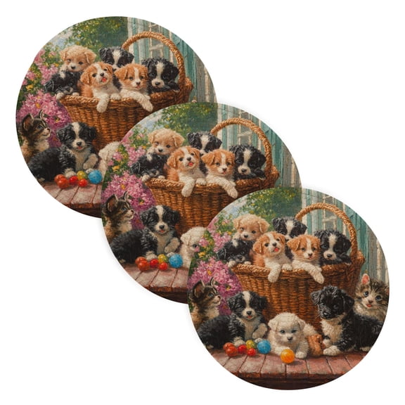 BZSMCE Mats for Pots,Pans Place Basket Of Puppies and Kitten Simple Style Pattern Pot Mats