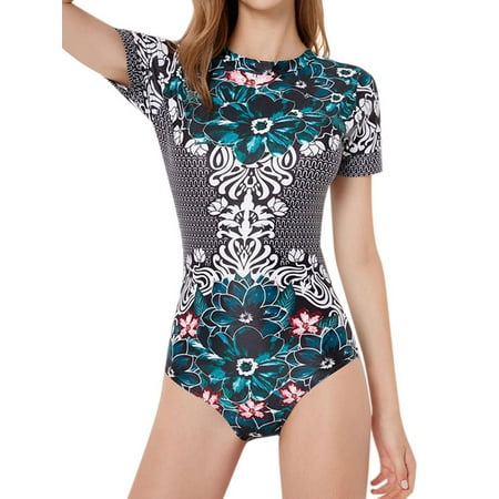 Maraso Women Beach Short Sleeve Bikini Swimsuit Floral Print One Piece Bathing