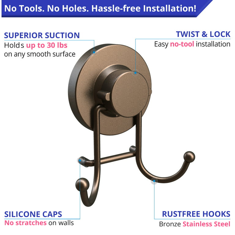 HOME SO Suction Cup Hooks for Shower, Bathroom, Kitchen, Glass Door,  Mirror, Tile - Loofah, Towel, Coat, Bath Robe Hook Holder for Hanging up to  30 lbs - Rustproof Bronze Stainless Steel (