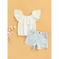 thumbnail image 2 of SAYOO 2 Pieces Girls Suit Set, Solid Color Ruffle Collar Sleeveless Tops+ Ripped Denim Shorts for Kids, 1-6 Years, 2 of 9