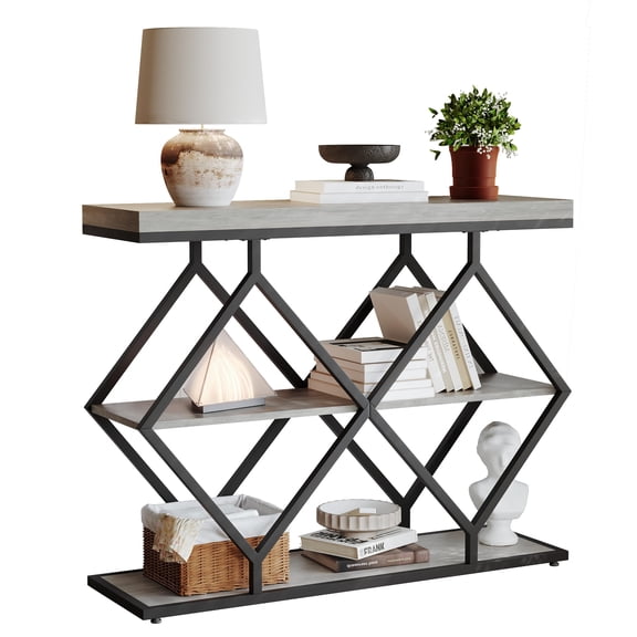 Huisuilinss 3-Tier Entryway Table,Industrial Console Table,Sofa Table With Storage,Narrow Side Table With Open Shelves,Diamond-Shaped Metal Frame Hallway Table For Living Room Entrance Foyer Office