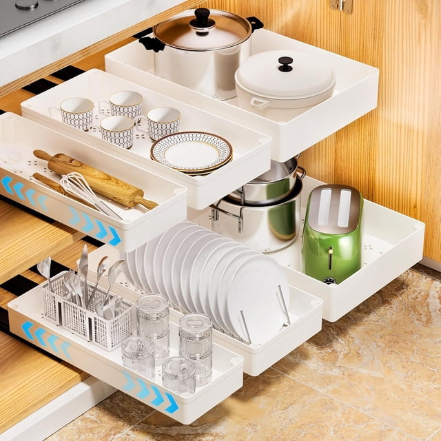 Cajones Deslizables para Cocina, Juego de 3 Organizador de Gabinete Extraíble con Guías Metálicas Almacenamiento Bajo Fregadero y Alacena sin Taladrar