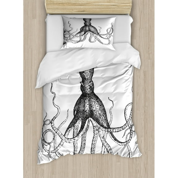 Octopus Duvet Cover Set Twin Size, Monochrome Marine Animal with Tentacles in Sketch Style Subaquatic Life Artwork, Decorative 2 Piece Bedding Set with 1 Pillow Sham, Black White, by Ambesonne