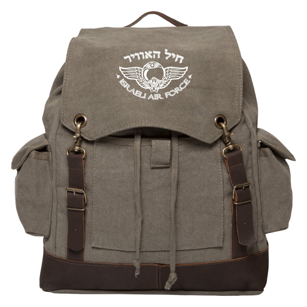 Israeli Air Force Vintage Rucksack Backpack with Leather Straps Khaki & Black 