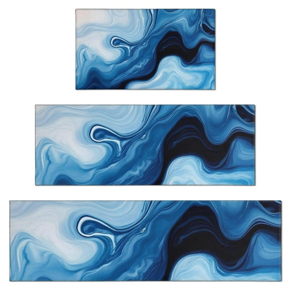 Light Blue Marble Flow Pattern Kitchen Rugs Sets Of 3,Kitchen Runner Rugs Non Skid Washable,Decorative Kitchen Floor Mats for Kitchen,Sink,Laundry,17"x30" 17"x47" 17"x59"
