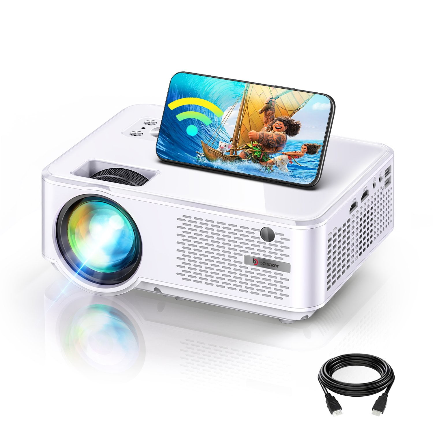 BOMAKER WiFi Projector Outdoor Movies, Native 720P, Mini Projector
