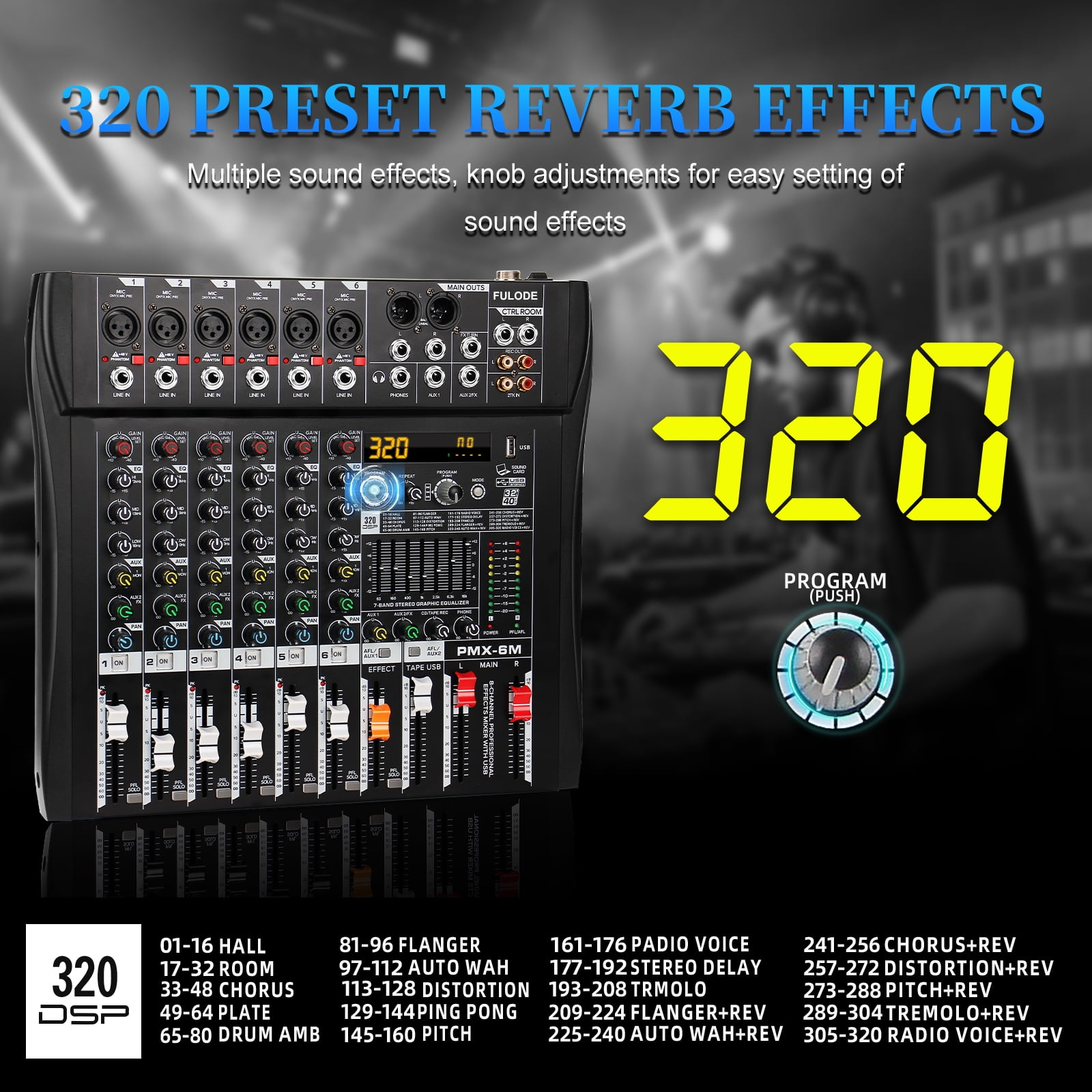 Audio Mixer 6 Channel Professional Mixer Console with 320 DSP Effects, 7-band EQ Sound Mixing Board Digital DJ Mixer w/USB Bluetooth MP3 for Recording, Independent 48V Power & Mute Button