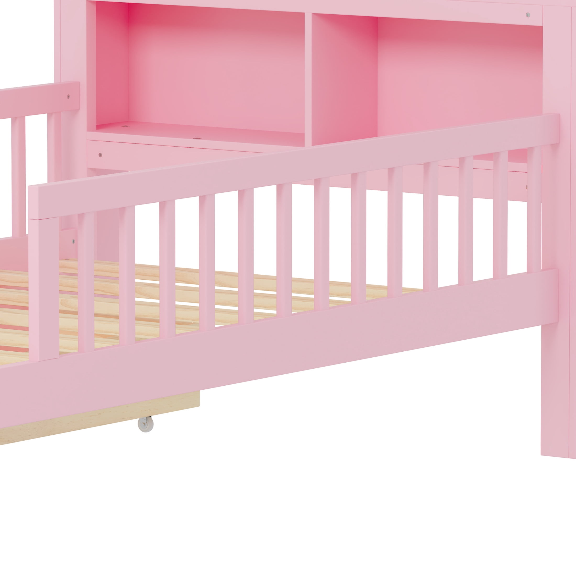 Noble House Twin Bed Frame with Headboard Storage Rack, 2 Drawers, and Safety Guardrails, Pink