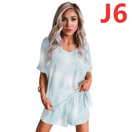 

Plus Size Short Pajamas Set for Women V Neck Sleepwear Nightwear Outfits Ladies Casual Loose Loungewear Suit-blue-L