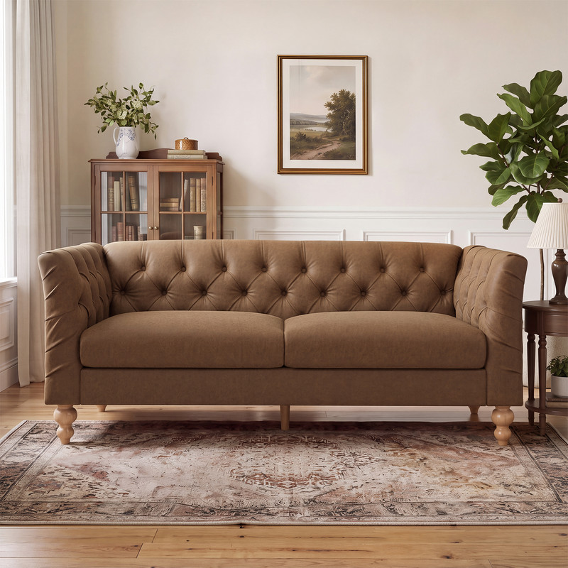 Chesterfield PU Leather 3-Seater Sofa, Upholstered Couch with Flared Arms, Tufted Back & Solid Rubber Wood Legs
