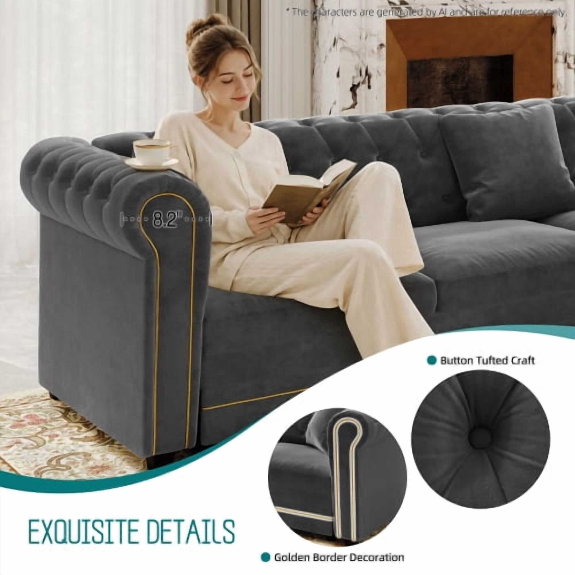 115.3" L-Shaped Velvet Sofa Bed, Button Tufted Pull-Out Sleeper, Gold Trim Rolled Arms, Dark Grey