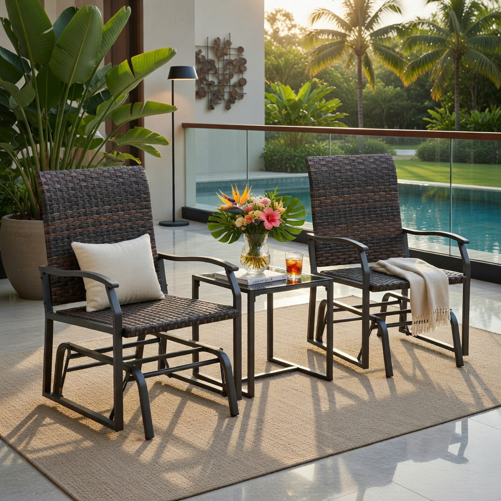 Hommoo 3-Piece All-Weather Patio Gliding Set with Tempered Glass Coffee Table, PE Rattan Outdoor Seating for Backyard, Poolside & Porch, Brown