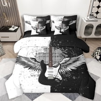 Manfei Music Guitar 7-Piece Twin Bedding Sets,Musical Instrument Bedding Comforter Set,White Black Sheet Sets For Girls Kids,Microfiber Bedroom Decor Reversible