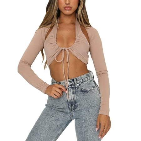 

JBEELATE Ladies Solid Color Hanging Neck Front Drawstring Camisole Long Sleeve Backless Short Tops