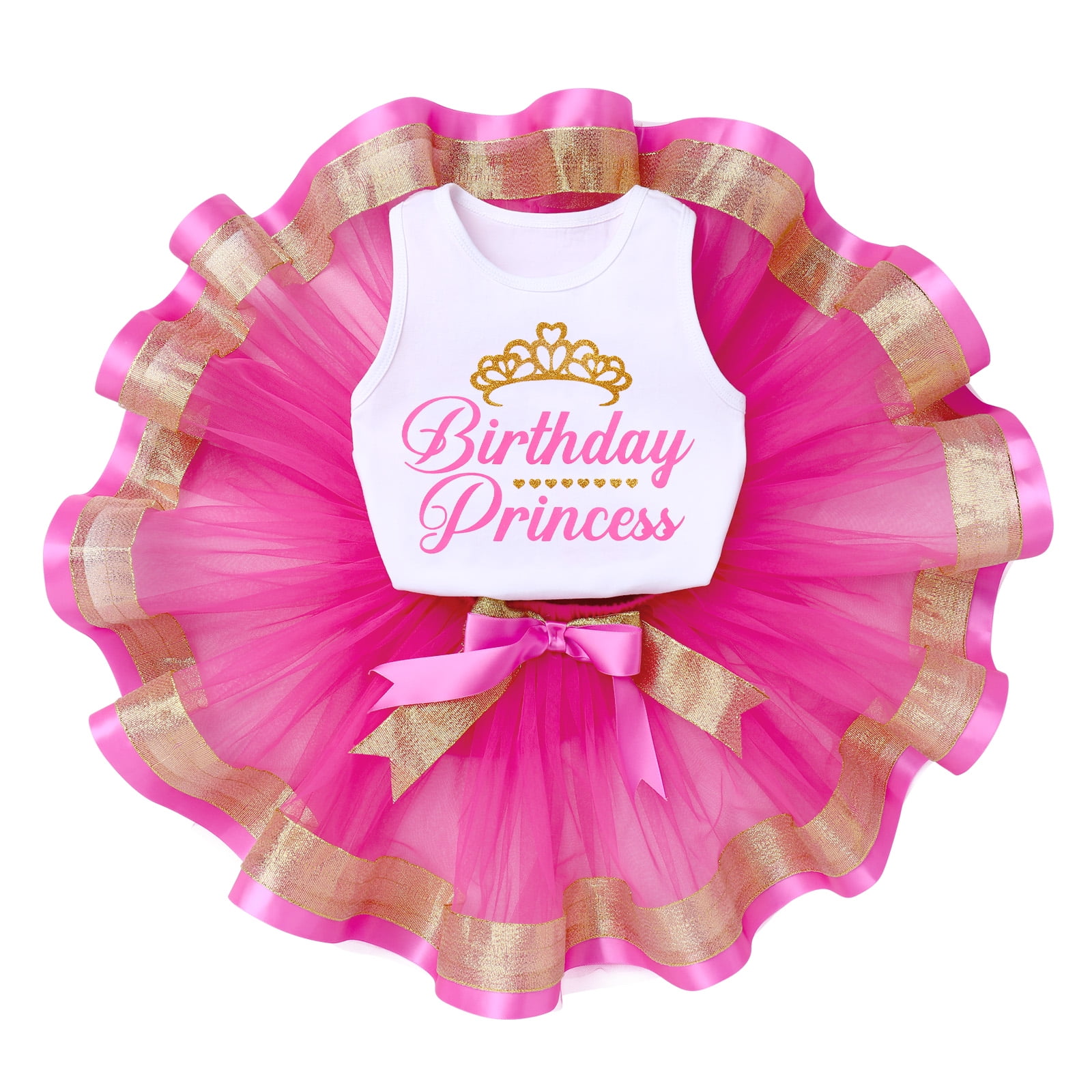 IBTOM CASTLE Toddler Baby Girls Princess Birthday Outfits Sleeveless Printed Vest Tops+Tulle Tutu Dress+Flower Crown Party Clothes 3-4 Years Hot Pink