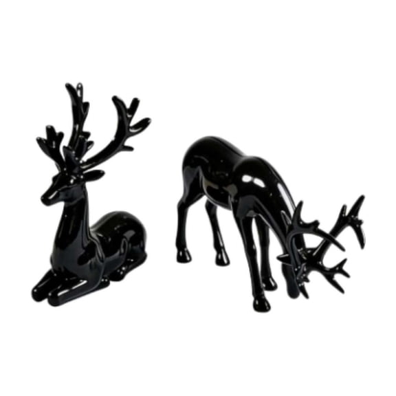 2Pcs Shiny Black Christmas Reindeer Figurines, Electroplated Standing & Lying Deer Statue Set, Glossy Black Elk Sculpture with Antlers for Tabletop, Mantel, Xmas Holiday Home Decor