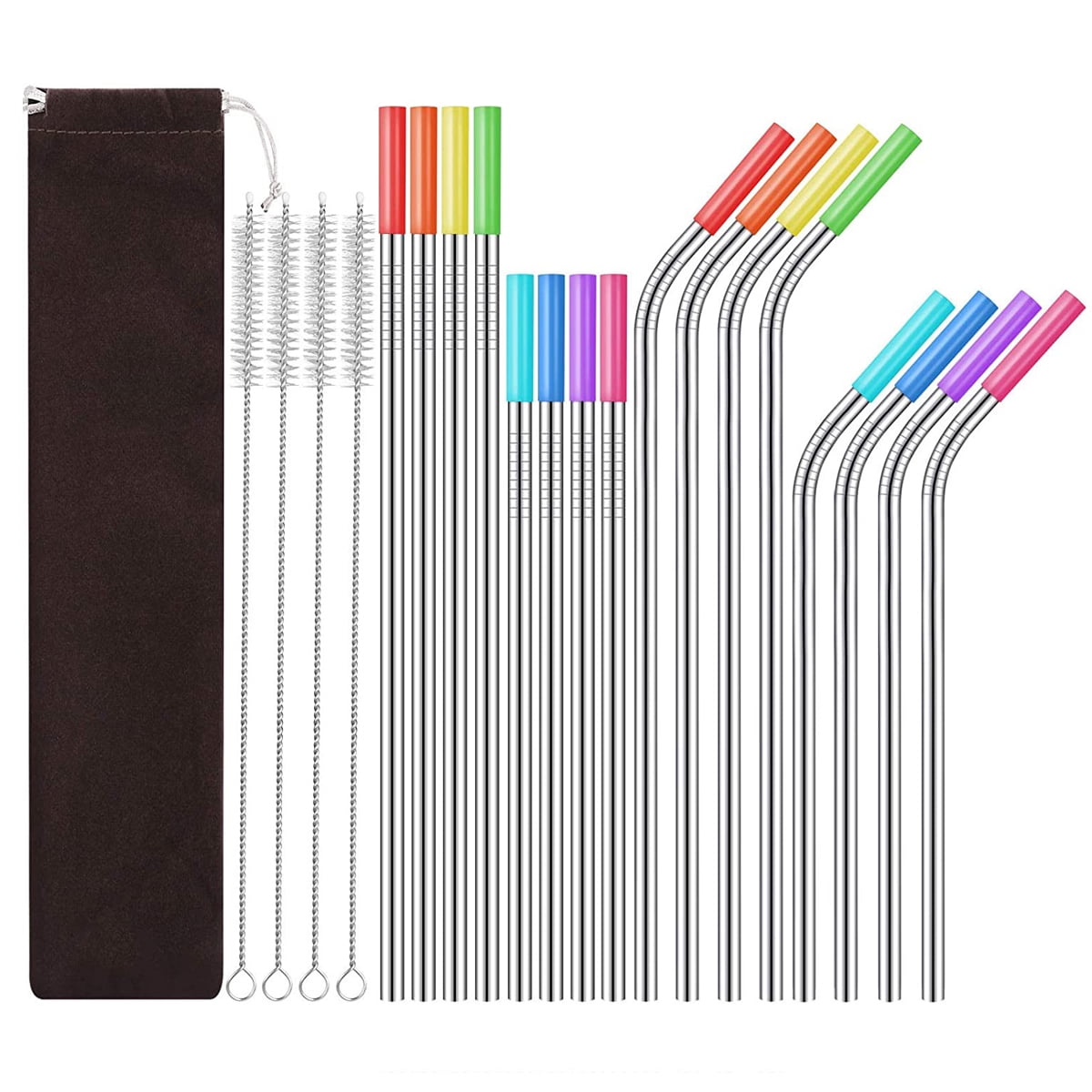 Wobye 4-Pack 14” Extra Long Stainless Steel Metal Straws – 0.32” Wide, With Silicone Tips & Cleaning Brush, Reusable