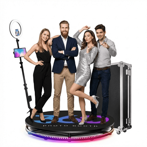 360 Photo Booth Machine, 31.5" Rotating Platform, Fits 3–5 People, Ring Light, Flight Case, App & Remote Control, for Weddings, Parties & Events
