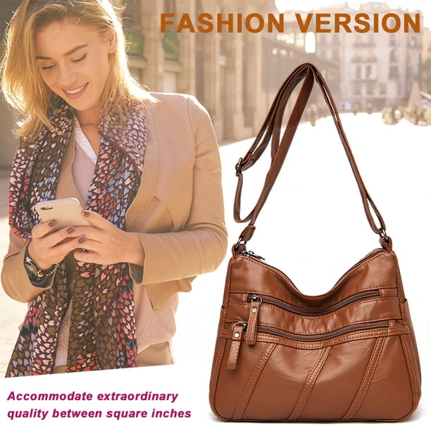 Bolso bandolera multibolsillo de moda para mujer bolso de hombro de PU sólido (marrón)
