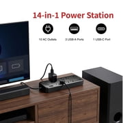 Larmtek 10-Outlet Surge Protector Power Strip with 4 USB Ports - 15 ft Extension Cord, Plug & Computer Safe,Black