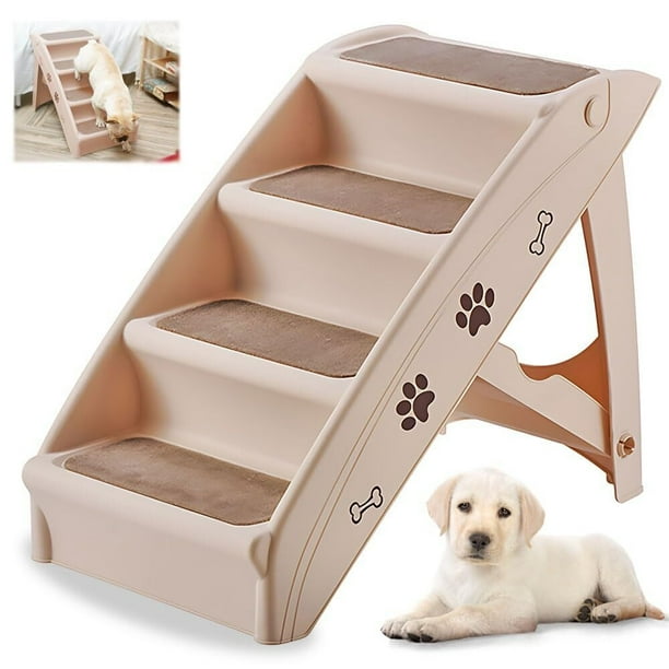 Escalera Plegable Perros de Cama, Escalera Perro con Patas Antideslizantes, Rampas de Perro, para Sofá, Cama O Auto, para Interiores y Exteriores, Soporta Hasta 165 Libras, Cuatro capas de beige