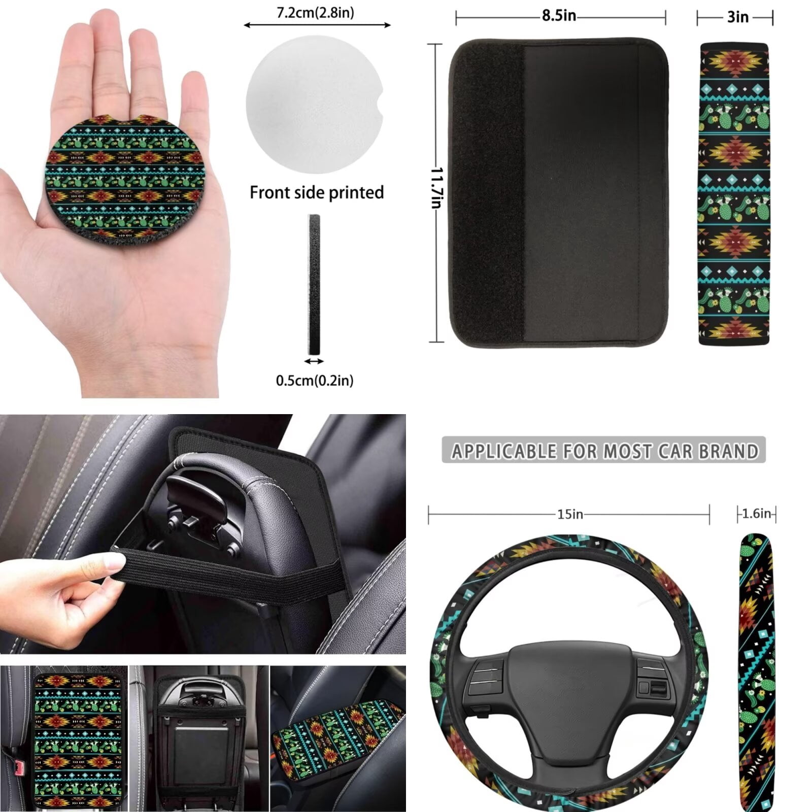 LedBack Aztec Southwest Car Seat Covers Full Set 12 Piece, Easy Install Car Accessories Set Breathable Cactus Steering Wheel Cover Car Armrest Pad Cover Car Armrest Pad Cover for Women Men