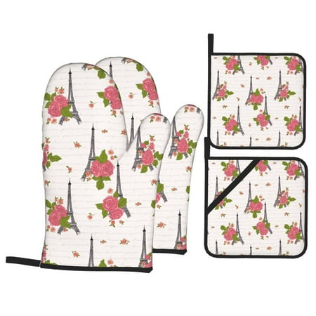 

Oven Mitts and Pot Holders 4 pcs Set roses Tower flower Heat Resistant Pot Holders Oven Mitts for kitchen Non-Slip Hanging Loop Oven Glove Potholders for Baking Cooking