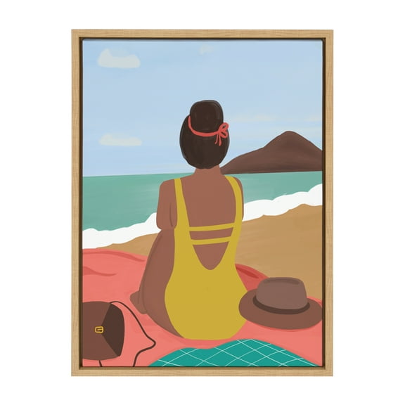 Kate and Laurel Sylvie Beach Solo Framed Canvas Wall Art by Queenbe Monyei, 18x24 Natural, Feminine Beach Wall Decor For Your Living Room, Bedroom, Or Bathroom