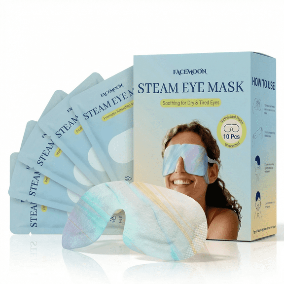 FACEMOON Steam Eye Mask – 10 Count, Relieves Dry Eyes, Dark Circles & Puffiness | Self-Heating with Ear Hooks for Secure Fit That Stays On