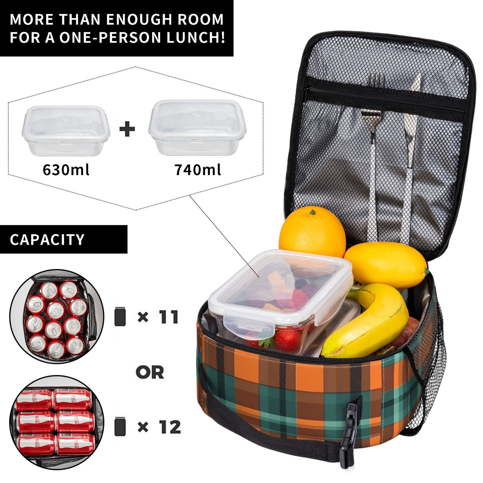 Lunch Bag For Women Men Insulated Portable Lunch Box Bento Box Office Picnic Travel Cooler Bag Orange And Blue Checkered Pattern