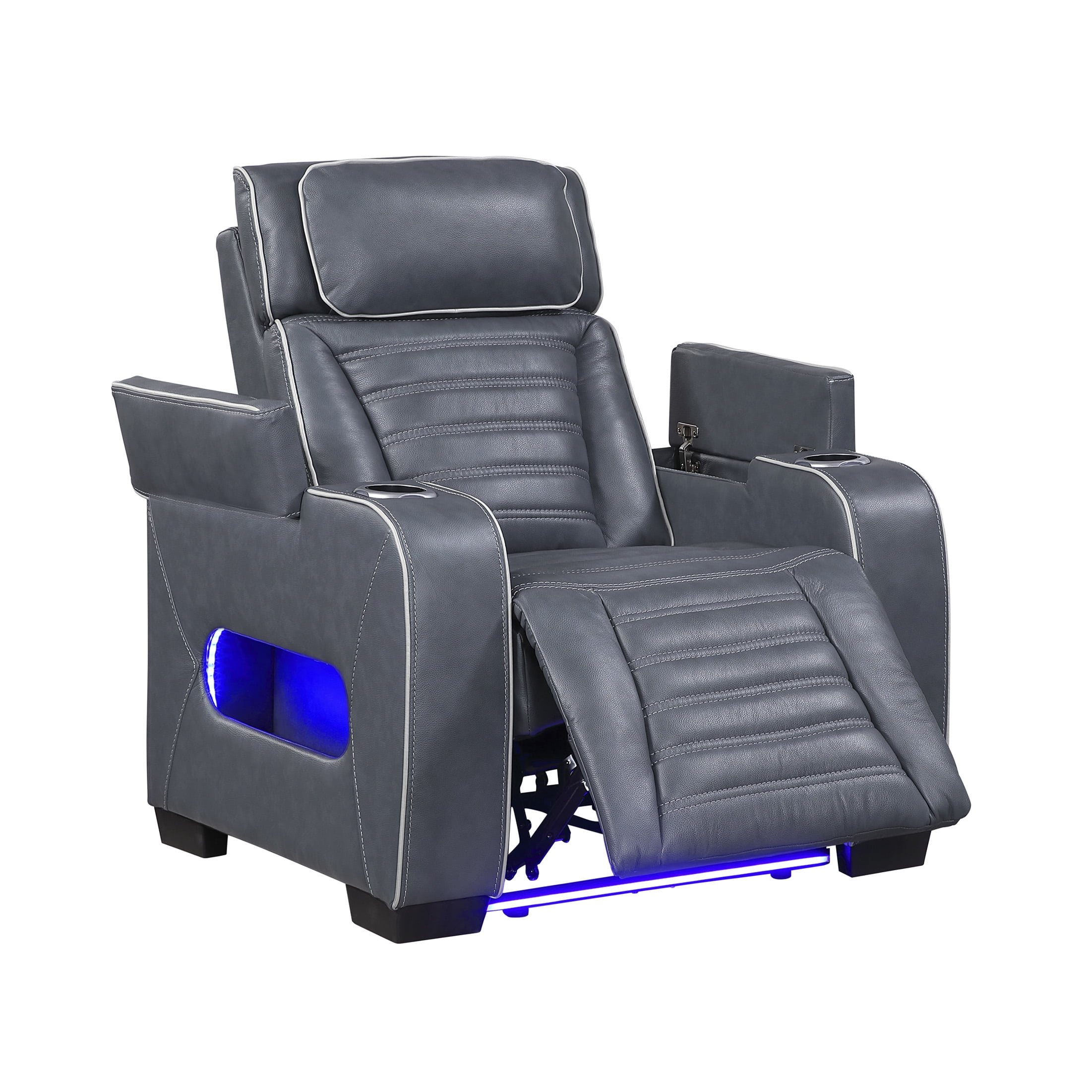 OakvillePark Elantra Leather Match Power Reclining Chair with Power Headrest/Cup holder/Storage Arms/Air Massage/Heat/LED Lighting and Charging Port, Blue