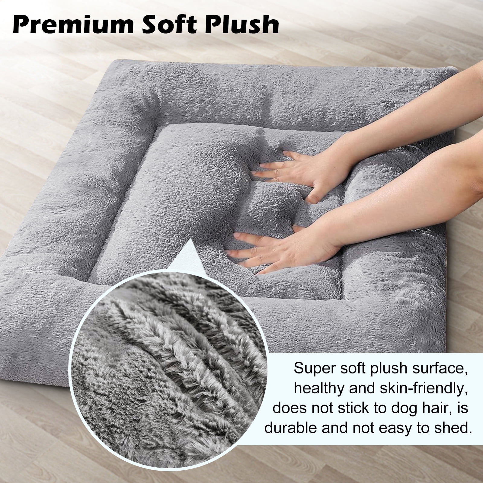 MERITLIFE Plush Washable Dog Bed Ultra Soft Dog Crate Mat Kennel Pad Anti-Slip Pet Sleeping Bed for Small Medium Large Dogs,Gray 48" x 30"