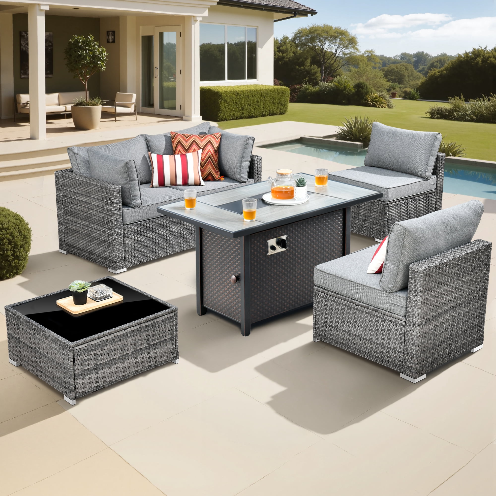 Vcatnet 6 Pieces Outdoor Patio Furniture with Fire Pit, Wicker Outdoor Conversation Set, Outdoor Sectional with Coffee Table, Dark Gray