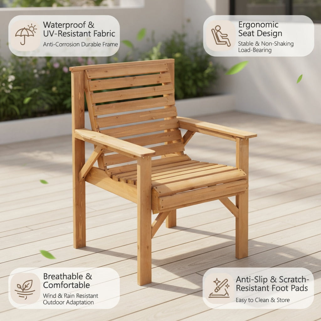 Resenkos Outdoor Solid Fir Wood Chair with Inclined Backrest, Outdoor Dining Chair for Outside Patio, All Weather, Porch, Garden, Poolside